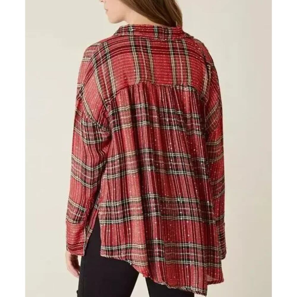 FREE PEOPLE red black tartan metallic Fearless Love oversized pullover top - Picture 10 of 11